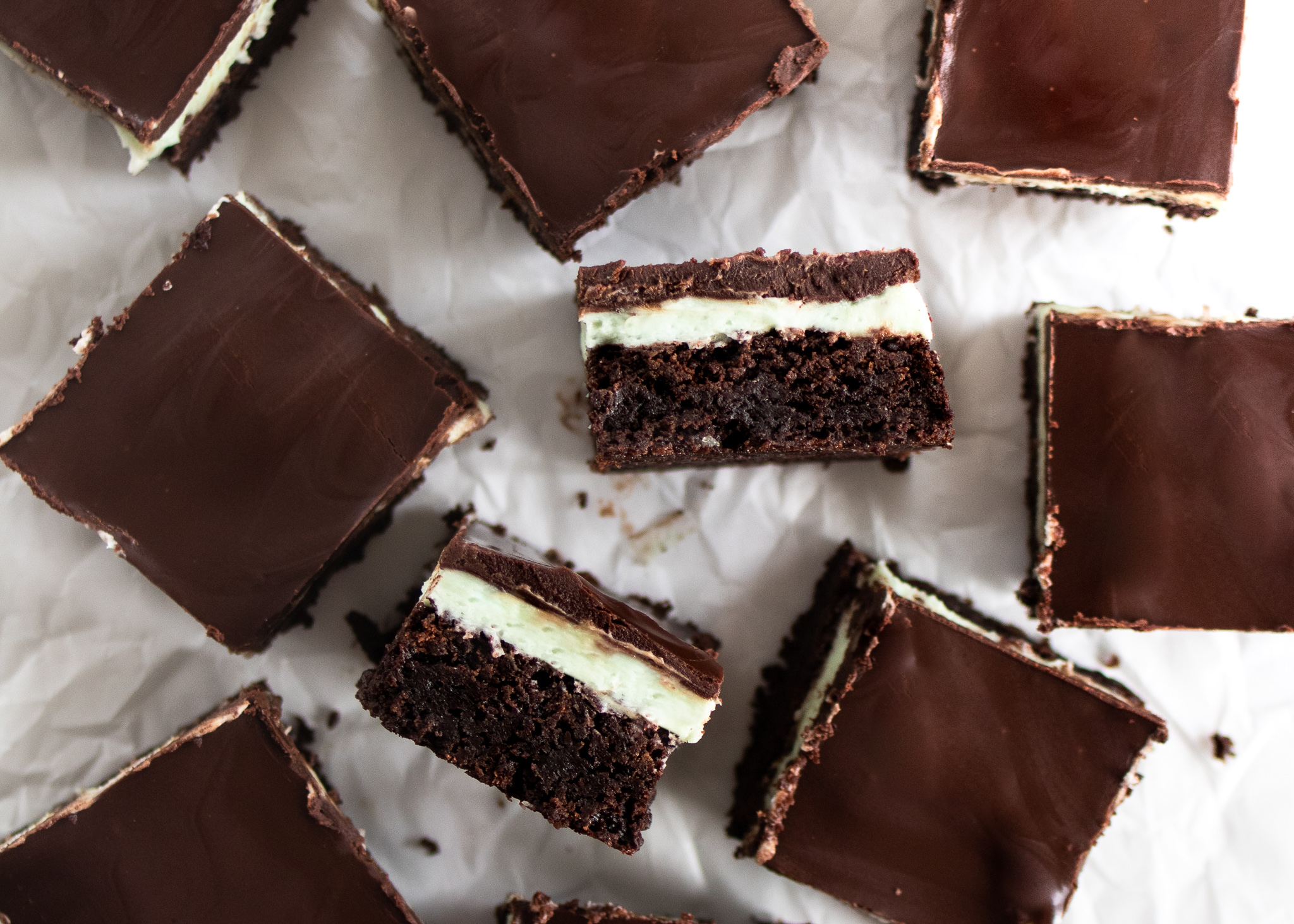 overhead view of chocolate mint brownie squares