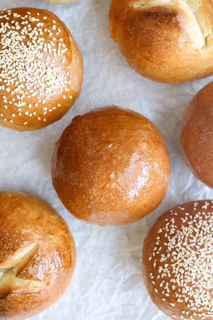 Aerial view of a variety of homemade brioche buns
