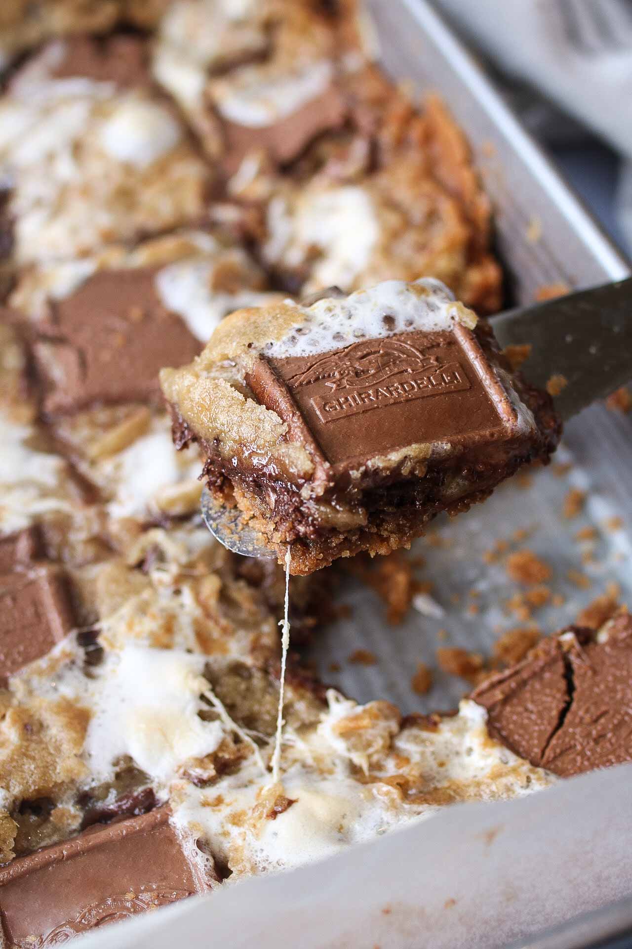 square piece of smores cookie bar on spatula