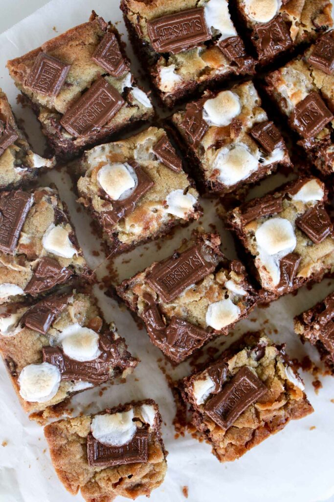 aerial view of cut up smores cookie bars
