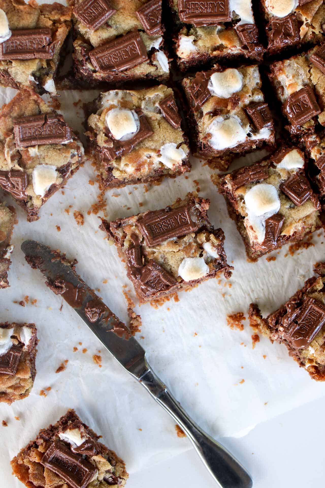 aerial view of cut up smores cookie bars