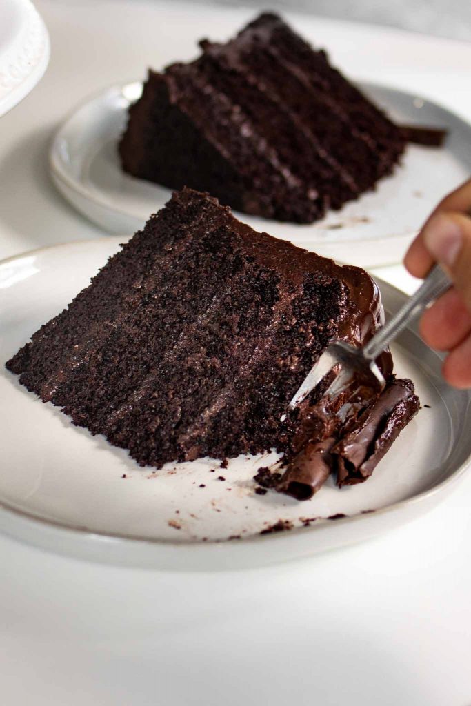 chocolate cake slice on white plate