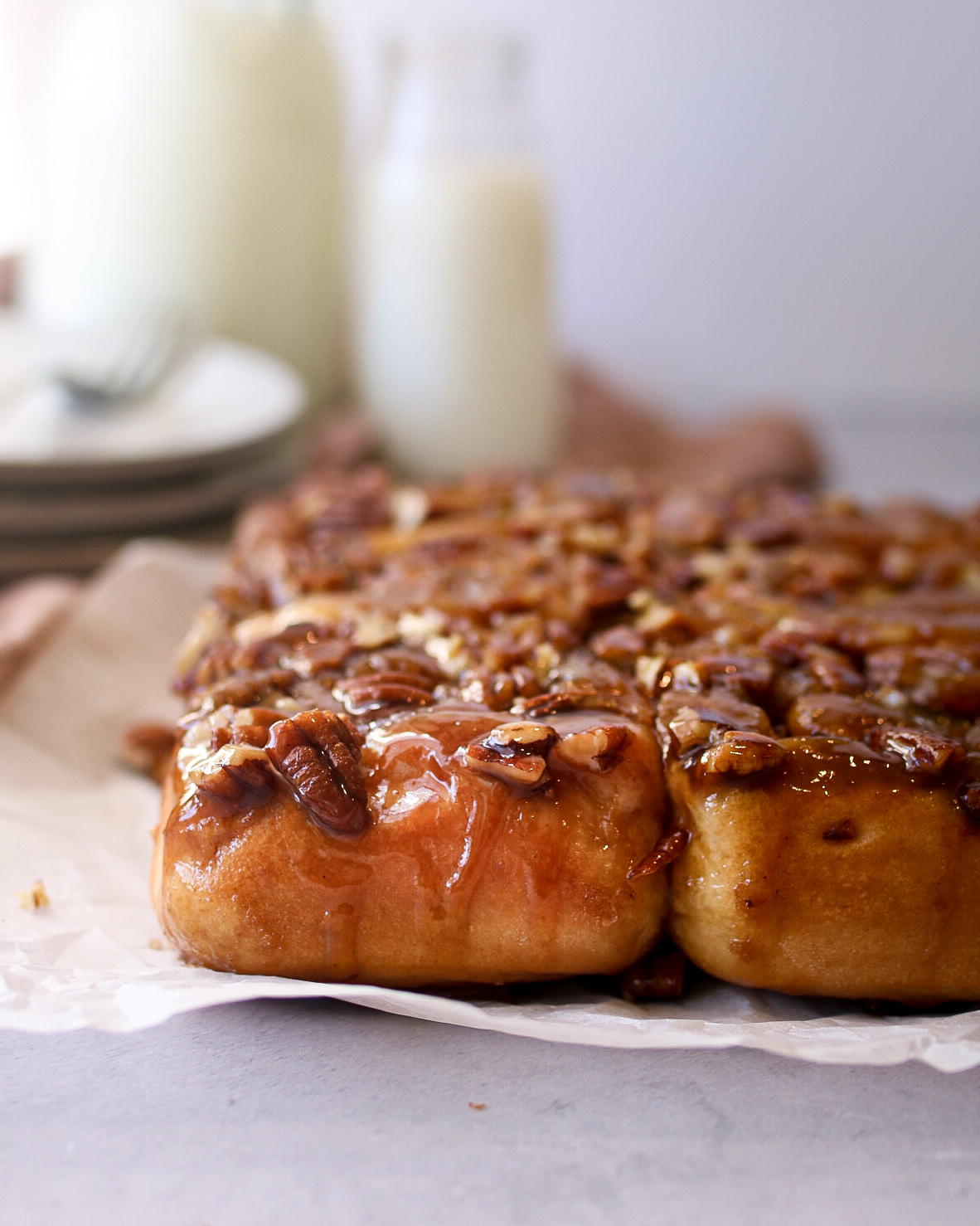 side view of caramel pecan sticky buns