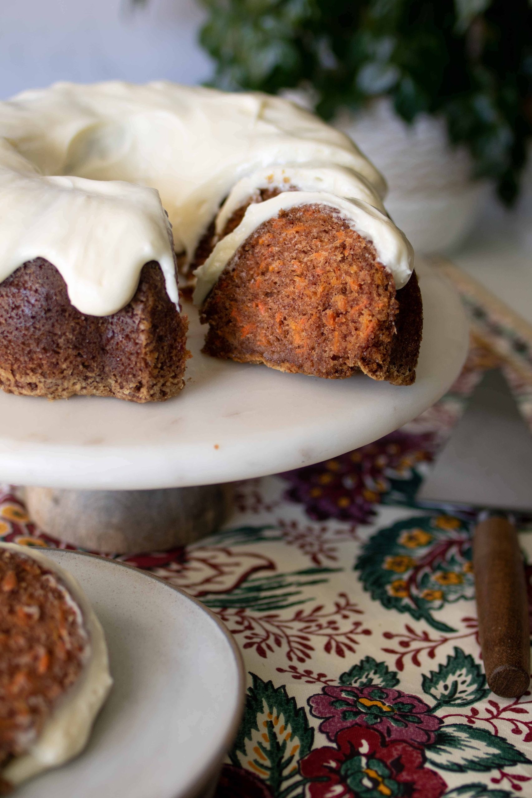 carrot bundt cake with a slice removed