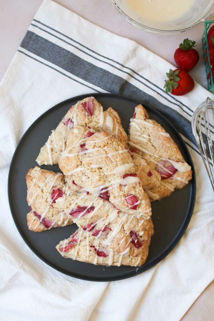 overhead view of plate of sourdough strawberry scones