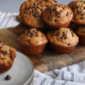 pile of sourdough banana chocolate chip muffins