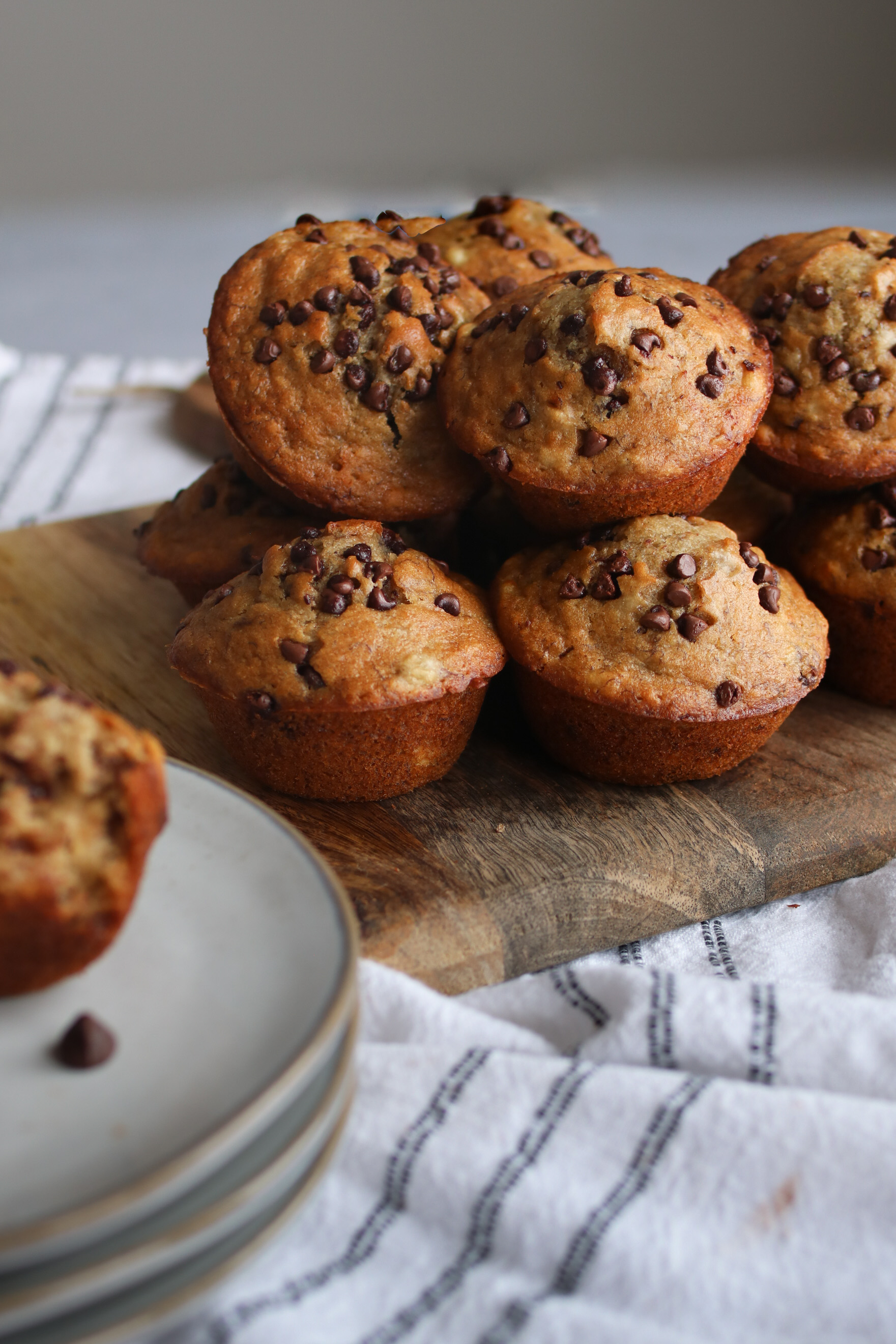 pile of sourdough banana chocolate chip muffins