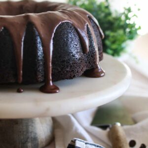 side view of sourdough chocolate bundt cake
