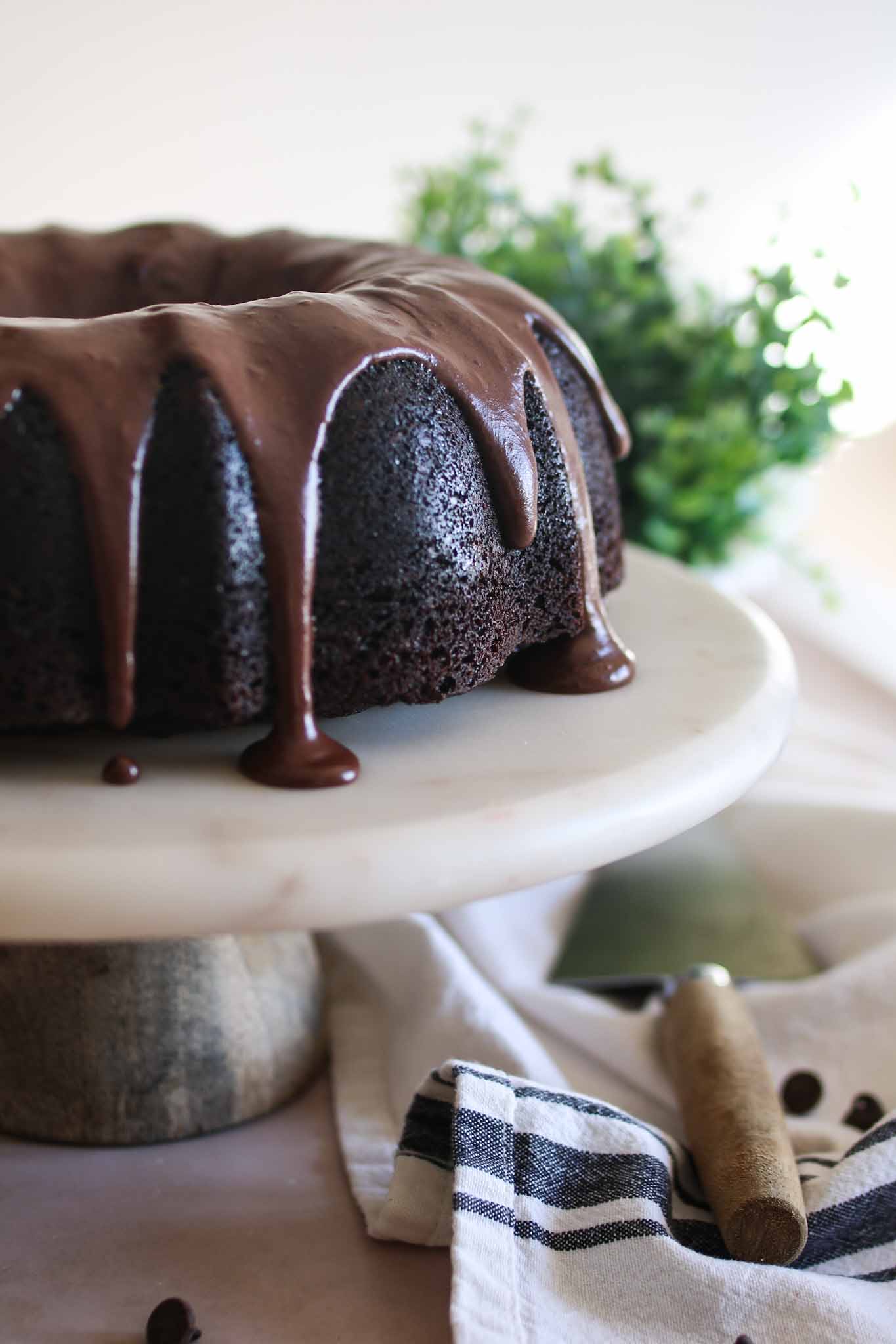 side view of sourdough chocolate bundt cake