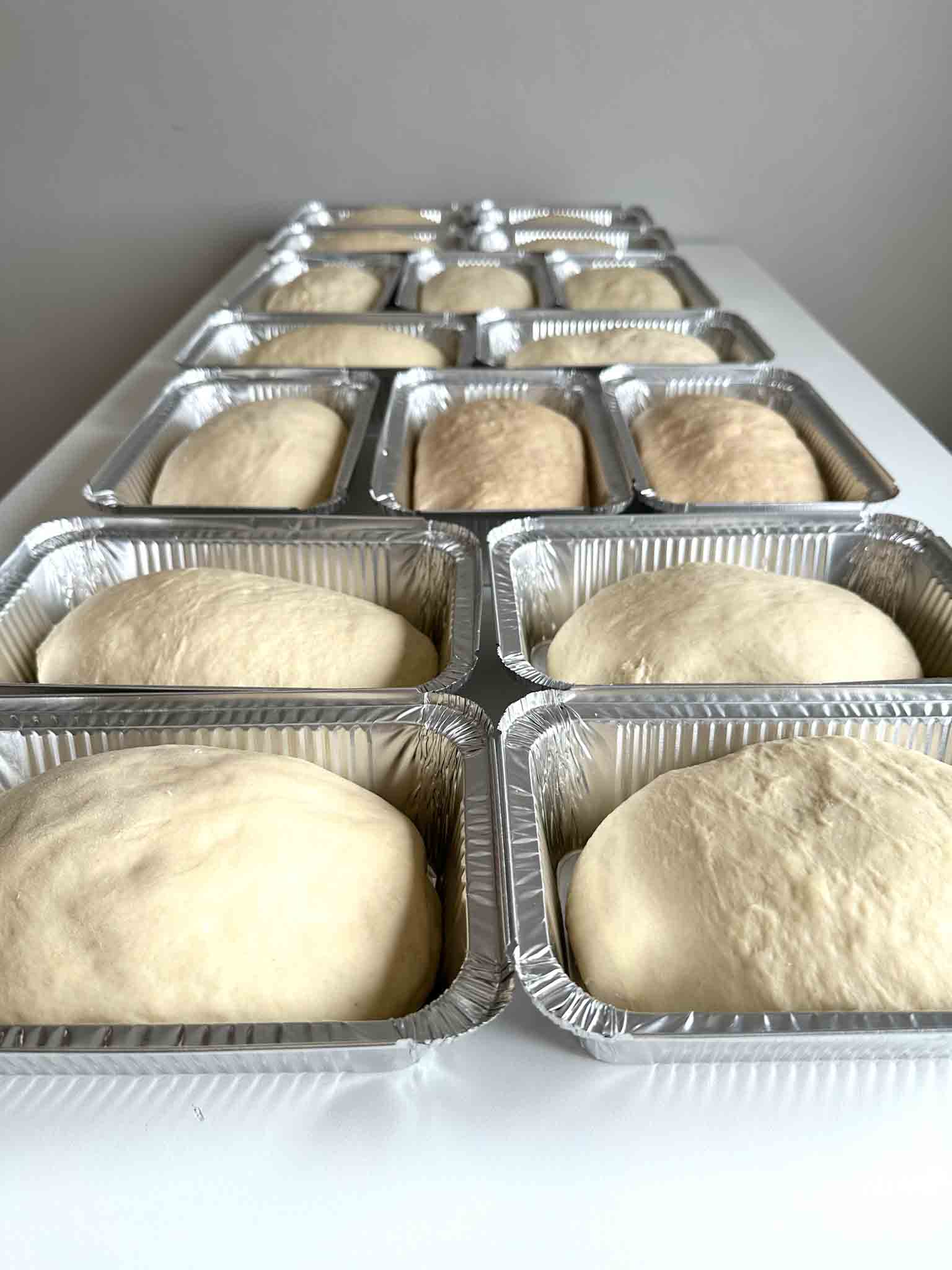 proofed bread dough in loaf pans